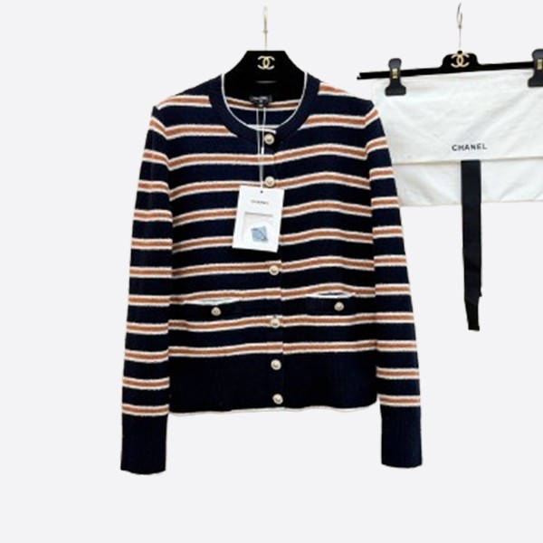 シャネル ボーダー カシミヤ カーディガン ネイビー×ブラウン