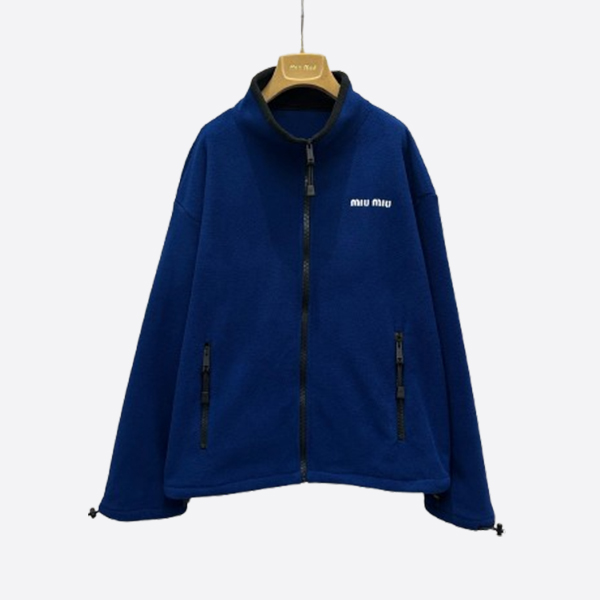 ミュウミュウ ロゴ刺繍 ボアフリース フード付きジップアップジャケット ブルー