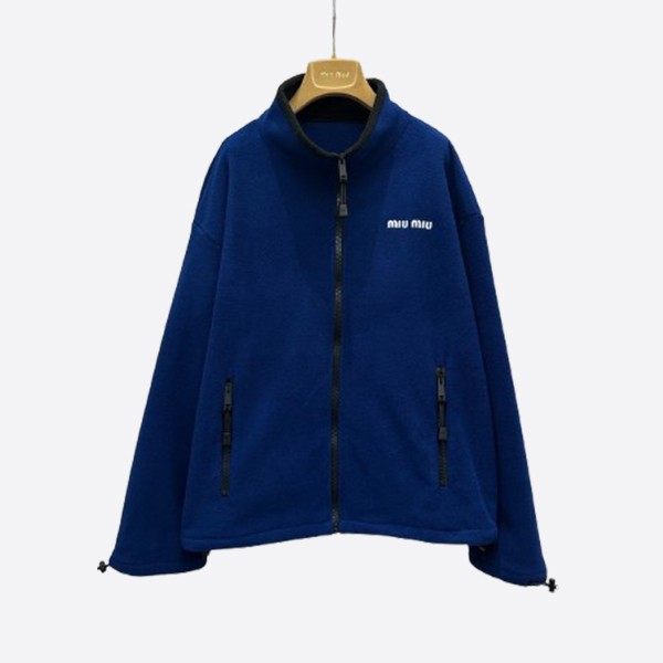 ミュウミュウ ロゴ刺繍 ボアフリース フード付きジップアップジャケット ブルー