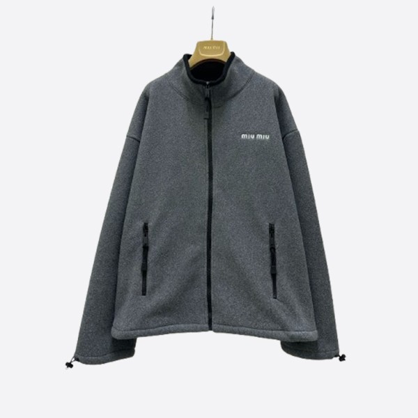 ミュウミュウ ロゴ刺繍 ボアフリース フード付きジップアップジャケット グレー
