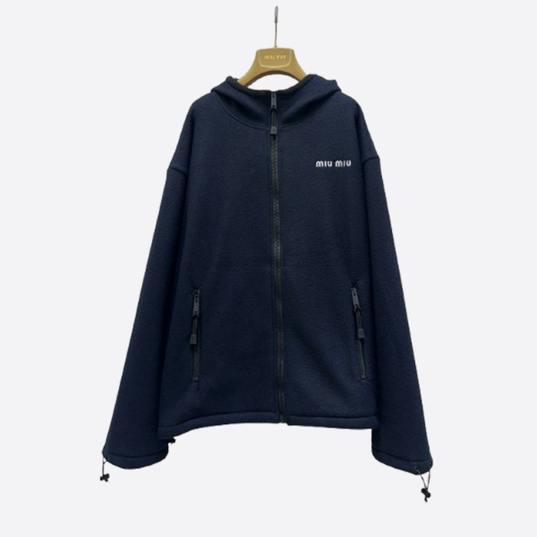 ミュウミュウ ロゴ刺繍 ボアフリース フード付きジップアップジャケット ネイビー