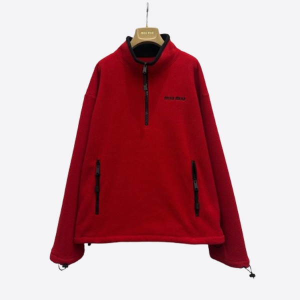 ミュウミュウ ロゴ刺繍 フリース フード付きジップアップジャケット レッド