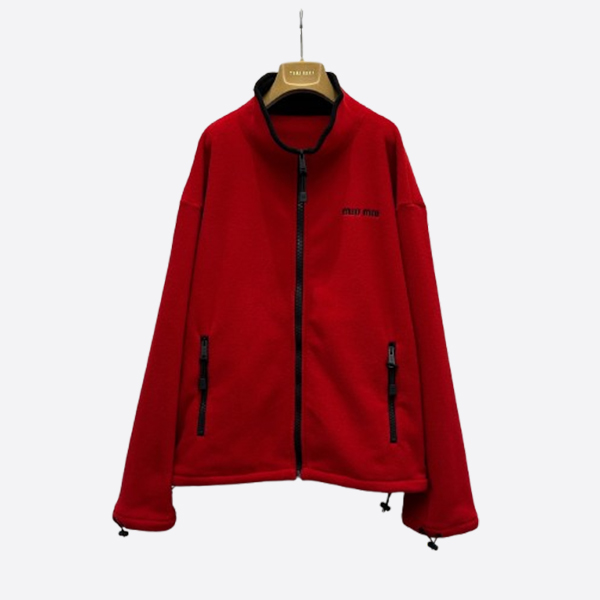 ミュウミュウ ロゴ刺繍 フリース ジップアップジャケット レッド