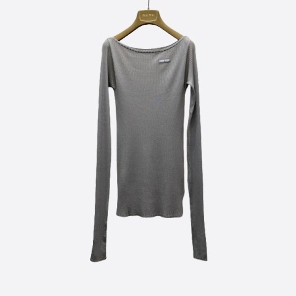 ミュウミュウ マイクロロゴ シルクニット ワンショル風 長袖インナー グレー